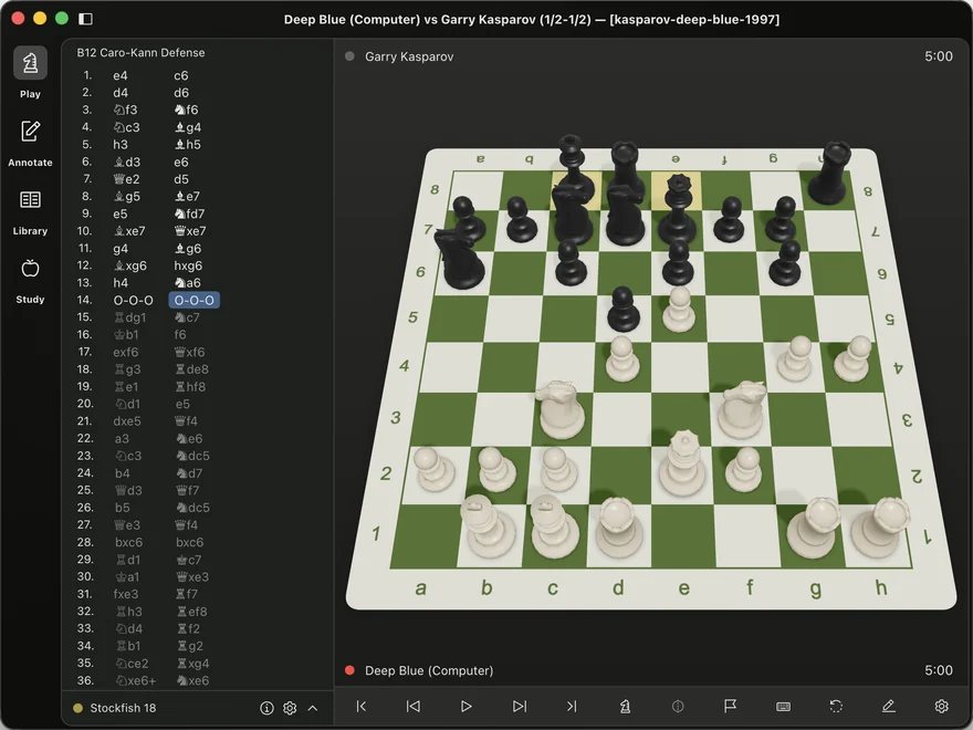 The ChessRoller application on macOS: a game score for Deep Blue versus Garry Kasparov beside a three-dimensional board, with Stockfish running in the status bar.